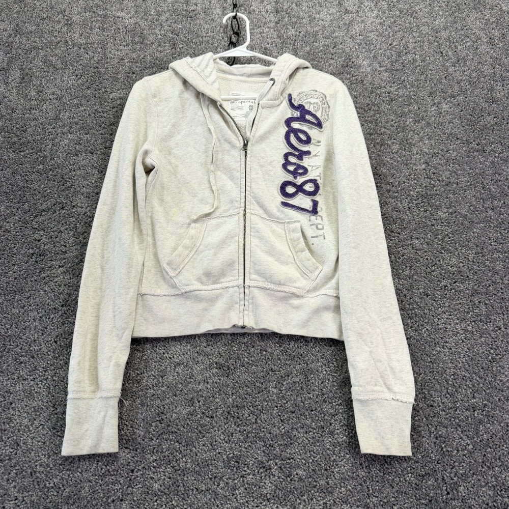 Aeropostale Full Zip Hoodie Womens Medium Gray Aero 87 Graphic Fleece Sweatshirt